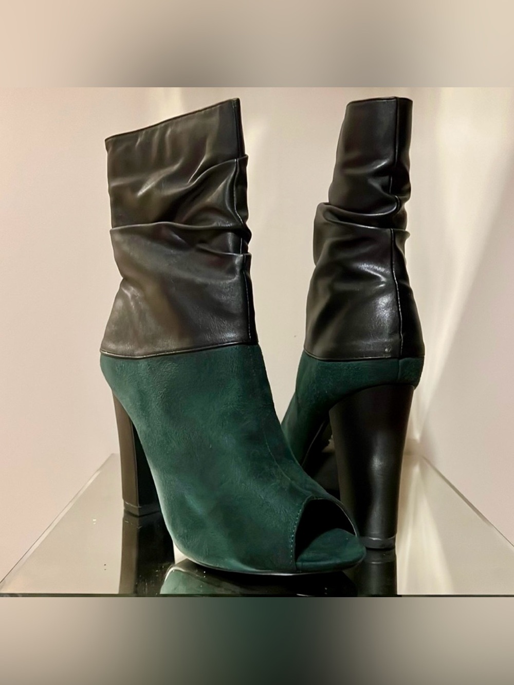Women's Peep-Toe Two-Tone Booties in Dark Green and Black